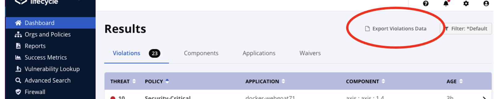 Results page with the Export Violations Data button, located above the results table and to the right, highlighted.